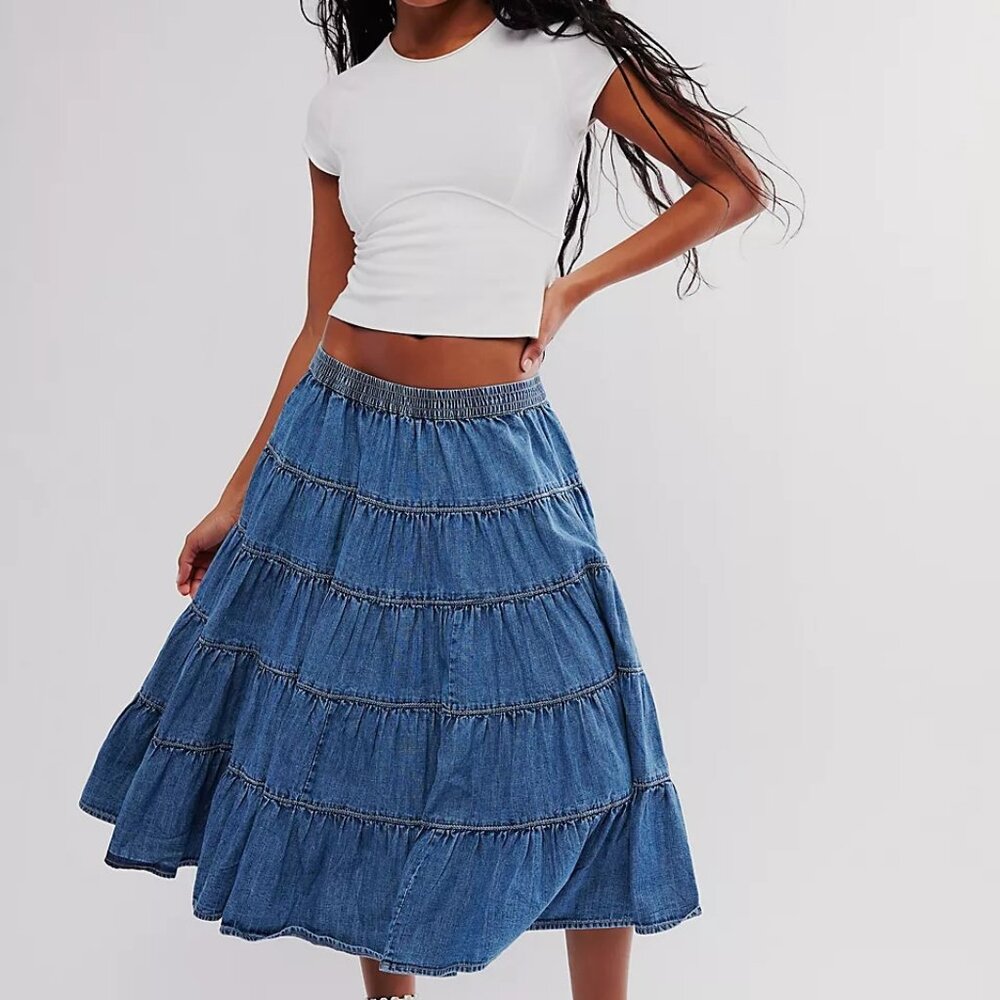 In Full Swing Chambray Midi Skirt Size S
